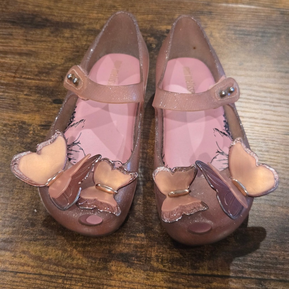 Mini Melissa Ultragirl Butterfly Rose Gold Glitter Jelly Shoes Flats Kids 10c